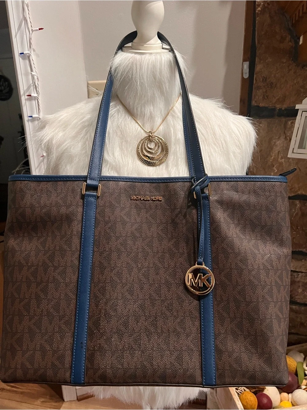 Michael Kors Brown Monogram Tote with Blue Trim and Gold Hardware